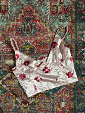 SHEIN Pink Satin Floral Crop Slip with Red Floral Motif